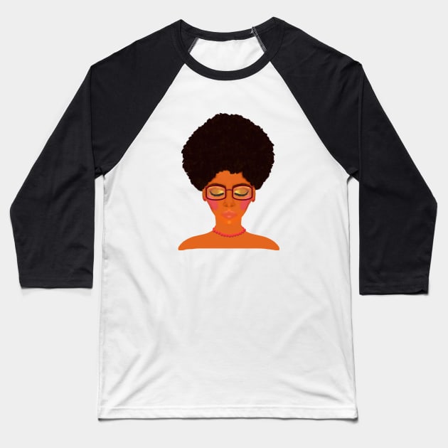 Woman with Afro, Glasses and Coral Beaded Jewelry (Purple Background) Baseball T-Shirt by Art By LM Designs 